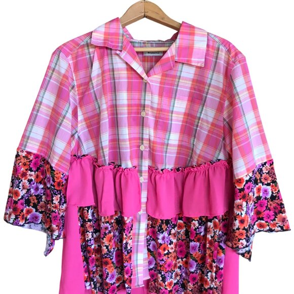 Handmade Upcycled Boho Tunic, Size Large: Pink Ruffled Patchwork Top - Picture 10 of 13